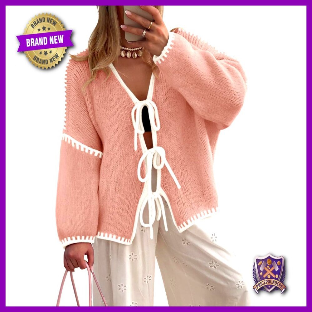 Oversized Cardigan with Bow Tie Front, Long Sleeve, Loose Fit, Acrylic Blend
